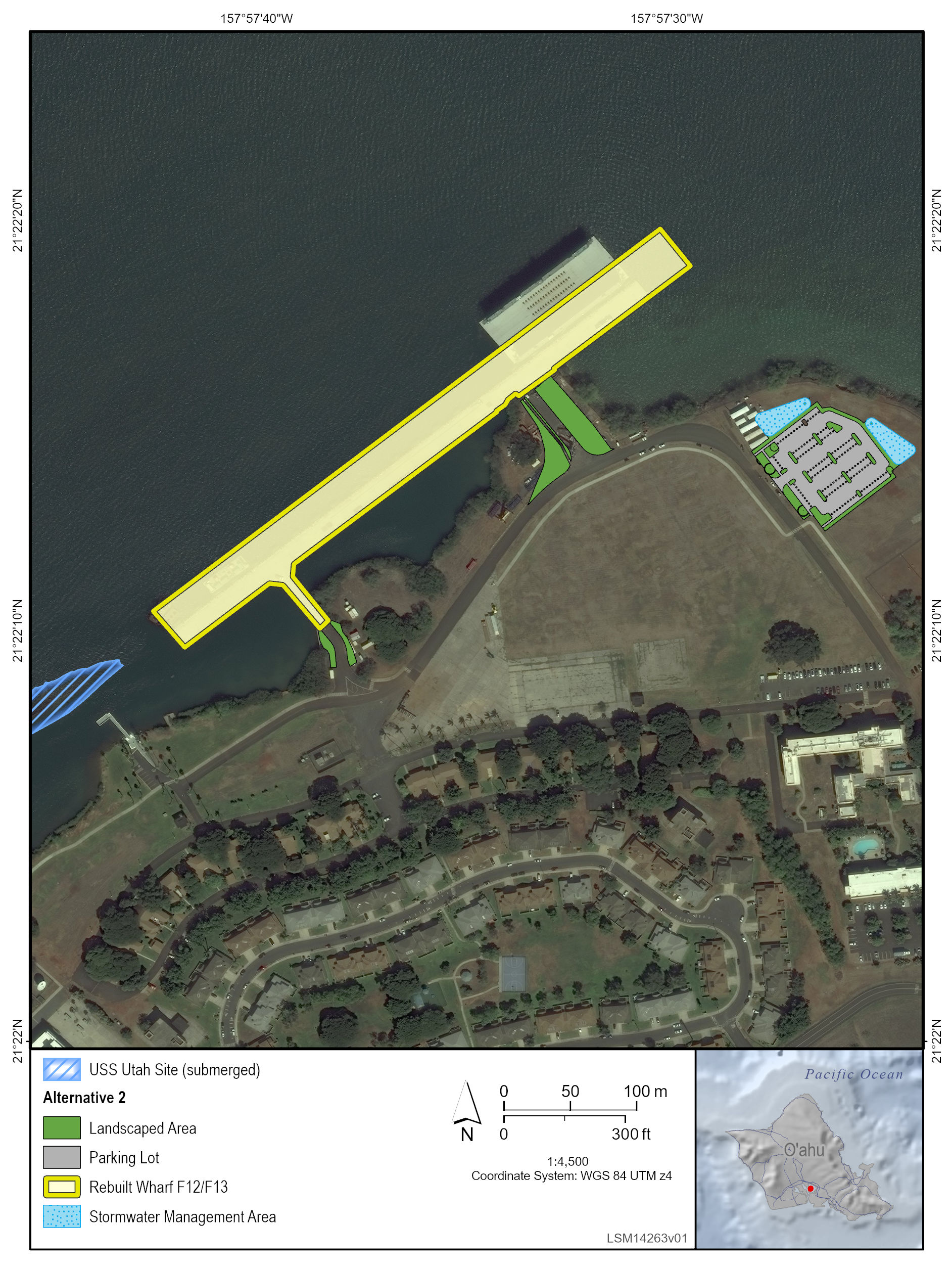 This is a graphic showing Alternative 2 components such as landscape areas, parking lots, the rebuilt Wharf F12/F13, stormwater management areas, and proximity to the submerged USS Utah site.